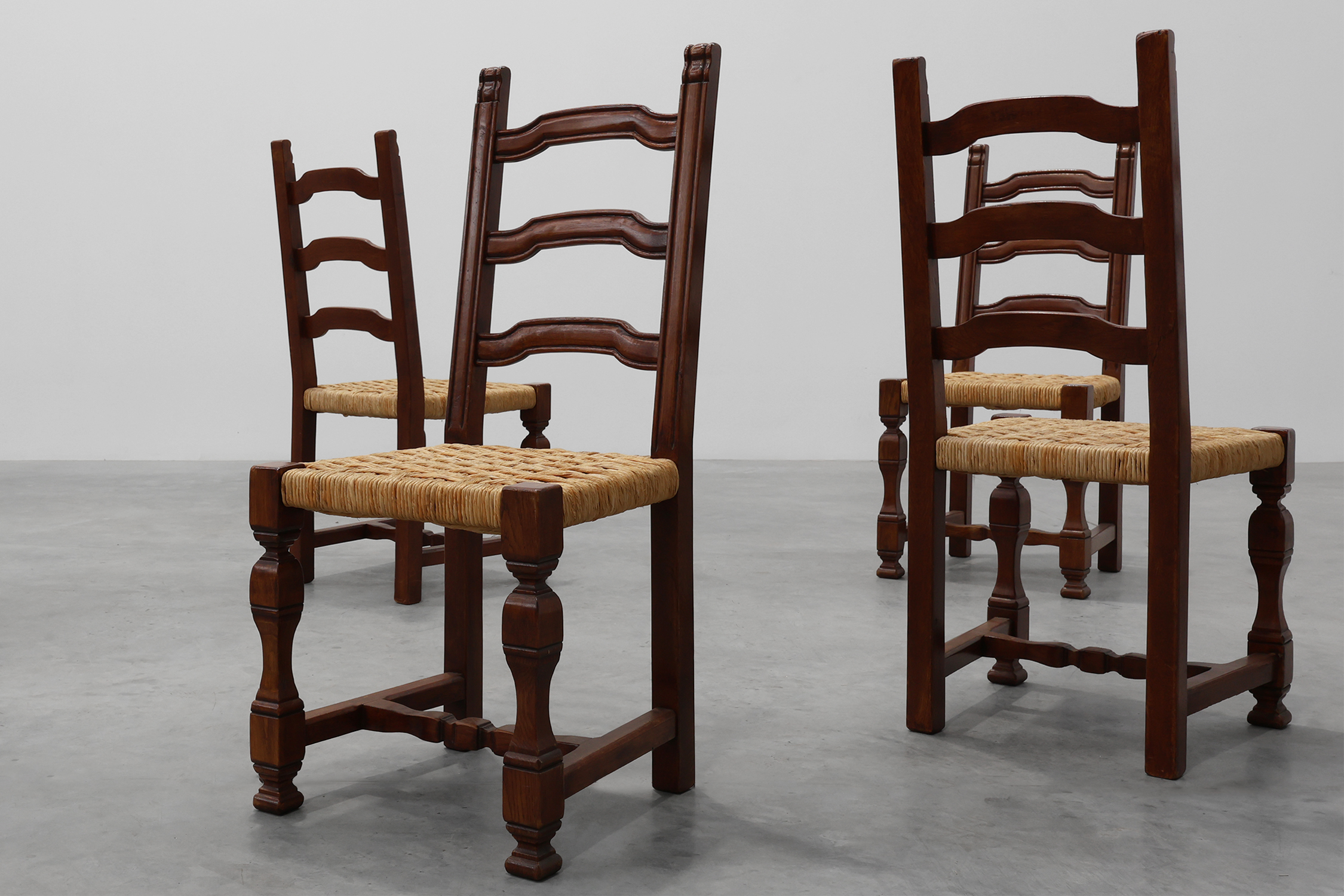 Set of 8 Brutalist Mid-Century Chairs in Wood and Wicker, Belgium ca. 1970thumbnail